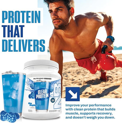 NutraBio Clear Protein Powder, Blue Raspberry - 20 Servings, 20g Clear Whey Protein Isolate, 0 Sugar, 0g Lactose, Refreshing Fruit Flavors, GLP1 Support - Bone Health - Muscle Post Workout Recovery