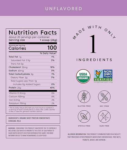 Truvani Organic Whey Protein Powder | Unflavored | 20g Grass Fed Whey Protein | 20 Servings | USDA Organic & Non-GMO | Gluten Free | No Gums, No Soy, No Stevia, No Added Sugars