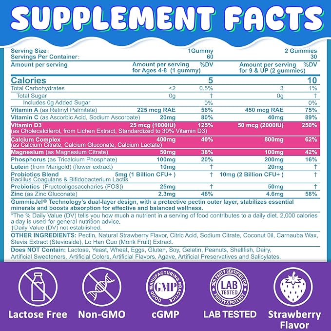 Kids Calcium Gummies + D3 & Magnesium for 4+, with Calcium Citrate Calcium Gluconate, Calcium Lactate,Probiotics & Prebiotics for Children Bone Health,Muscle Support,Digestive Health,Sugar Free 120Cts