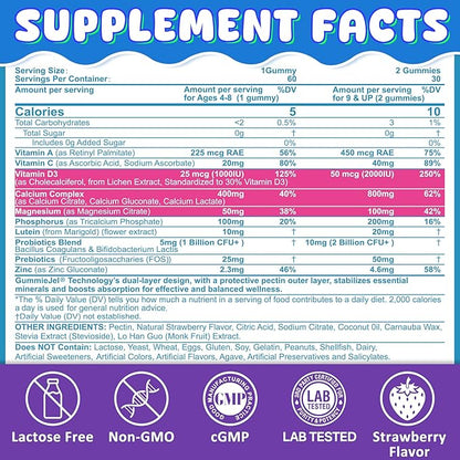 Kids Calcium Gummies + D3 & Magnesium for 4+, with Calcium Citrate Calcium Gluconate, Calcium Lactate, Probiotics & Prebiotics for Children Bone Health,Muscle Support,Digestive Health,Sugar Free 60Cts