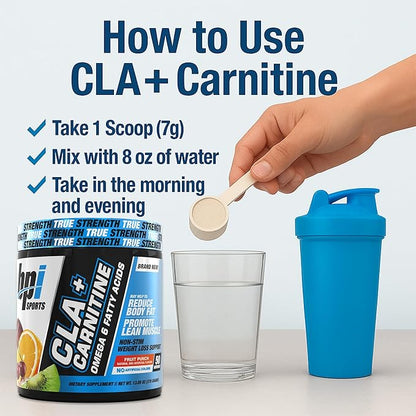 BPI Sports CLA+Carnitine – CLA L Carnitine & Linoleic Acid – L Carnitine Supplement for Weight Loss, Metabolism & Lean Muscle – Caffeine Free – Fruit Punch – 50 Servings – 12.34 oz