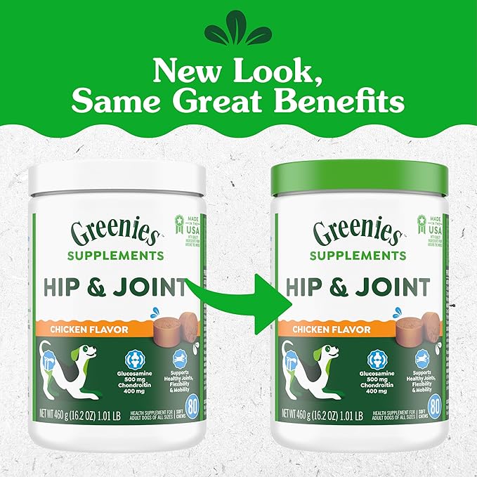 Greenies Supplements Hip and Joint Supplements for Dogs, with Chondroitin & Glucosamine for Dogs, Chicken Flavor, 16.2 oz. Container, 80 Count