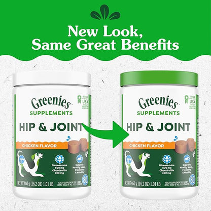 Greenies Supplements Hip and Joint Supplements for Dogs, with Chondroitin & Glucosamine for Dogs, Chicken Flavor, 16.2 oz. Container, 80 Count
