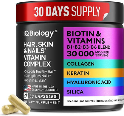 Biotin for Hair Growth Women & Men with Keratin, Collagen Complex 30000 mcg – Capsules for Hair Loss & Stronger Thickness – Skin & Nails Vitamins, Biotin 10000mcg and Collagen Supplements - 60 Pills