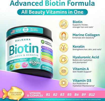 Biotin Collagen & Keratin – Hair, Skin & Nails Vitamins, 45,000 MCG Vitamin Complex (A, B1, B2, B3, B6, B7, C & E)–Biotin for Hair Growth for Women & Men, Hair Vitamins-60 Capsules–Made in USA