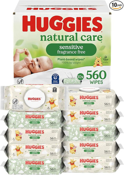 Huggies Natural Care Sensitive Baby Wipes, Unscented, Hypoallergenic, 99% Purified Water, 10 Flip-Top Packs (560 Wipes Total)