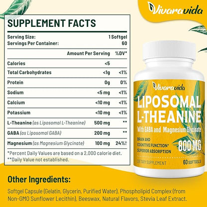 L-Theanine 800mg Supplement with GABA and Magnesium Glycinate - Natural Compound, Sleep and Relaxation (120 Softgels)