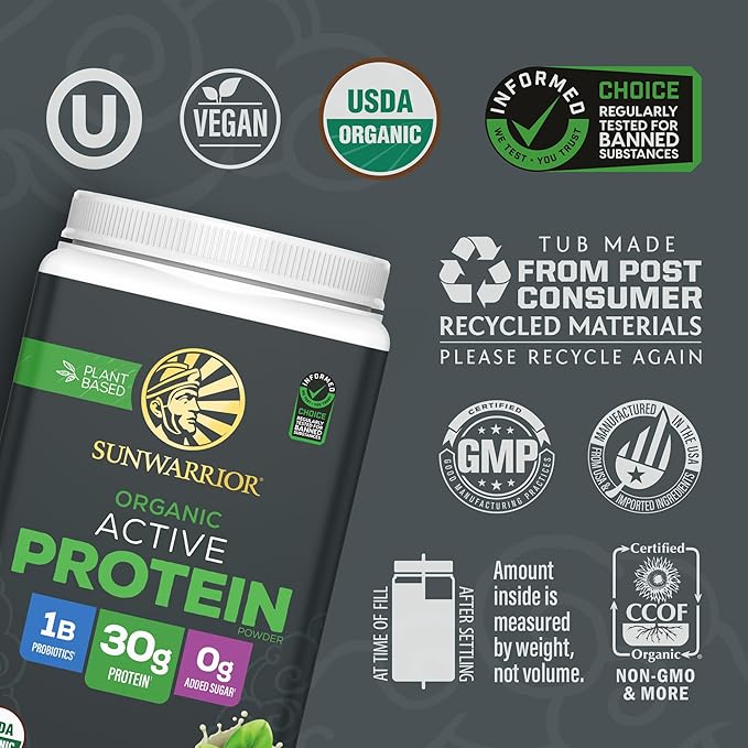 Sunwarrior Organic Plant Based Protein Powder | Vegan Organic Protein Powder with BCAA Amino Acids Plus Recovery Minerals & Botanicals | Non-GMO Soy Dairy & Gluten Free (Unflavored, 20 Servings)