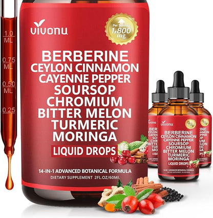 14-in-1 Berberine with Ceylon Cinnamon Supplement Liquid Drops, 1800mg + 30:1 Liposomal Tech with Cayenne Pepper Soursop Chromium Bitter Melon Turmeric Moringa Gymnema Glucomannan, GLP Support 3Bottle