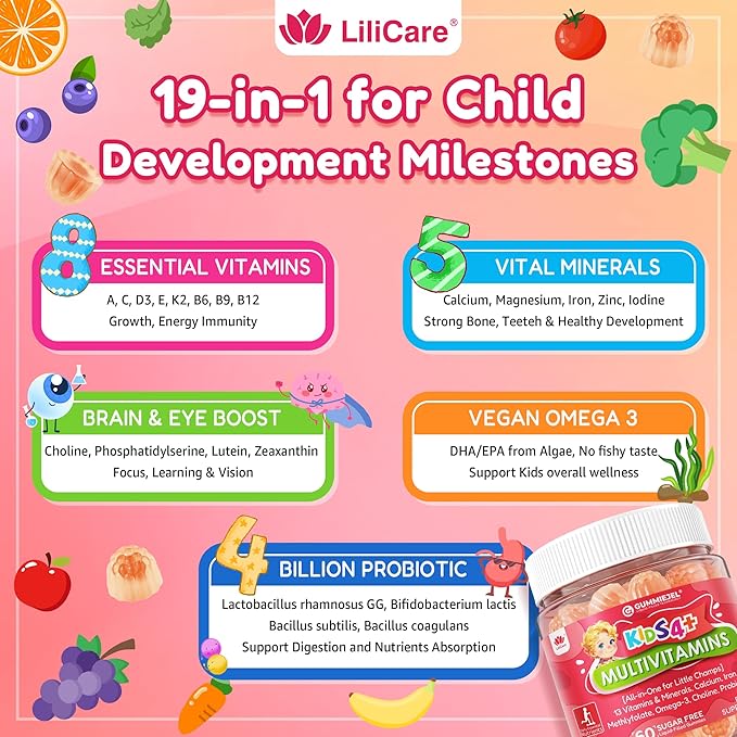 Kids Multivitamin Gummies + Iron, Omega 3, Probiotic, Fiber, Vitamins A C D3 E, K2, Methylfolate, Calcium, Choline, Kids Vitamins Multivitamin for Growth, Immune, Bone, Brain, Focus, No Sugar, 60 Cts