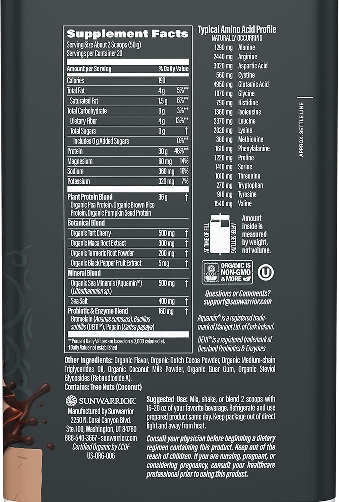 Sunwarrior Organic Plant Based Protein Powder | Vegan Organic Protein Powder with BCAA Amino Acids Plus Recovery Minerals & Botanicals | Non-GMO Soy Dairy & Gluten Free (Chocolate, 20 Servings)