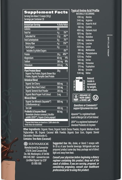 Sunwarrior Organic Plant Based Protein Powder | Vegan Organic Protein Powder with BCAA Amino Acids Plus Recovery Minerals & Botanicals | Non-GMO Soy Dairy & Gluten Free (Chocolate, 20 Servings)