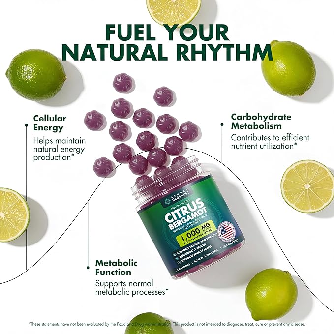 Citrus Bergamot 1000MG Gummies for Women and Men, Citrus Bergamot Extract with Berberine, CoQ10, Chromium & Vitamin C, Metabolic & Antioxidant Support, Sugar Free, Vegan, Lime Flavor, 60 Gummies