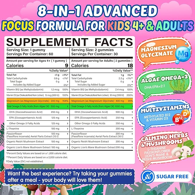Focus Gummies for Kids & Adults, w/Magnesium Glycinate, Omega-3 DHA, Lion's Mane, L-Theanine, Methyl B12 & Vitamin D3, Brain Supplement Support Calm, Sleep, Attention, Concentration and Memory, 120Cts