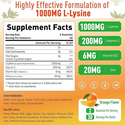 L-Lysine Gummies 1000 mg, Cold Sore Supplement with Immune Support for Lips & Oral, Chewable L Lysine Gummies for Adults & Kids, Boost Immune & Collagen, Non-GMO, Vegan, Gluten Free - 60 Counts
