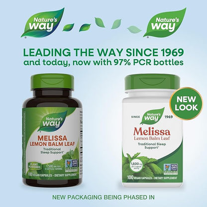 Nature's Way Melissa Lemon Balm Leaf, Traditional Sleep Support*, Melatonin Free, 1500 mg per 3-Capsule Serving, Non-GMO Project Verified, 100 Vegan Capsules (Packaging May Vary), (Pack of 2)