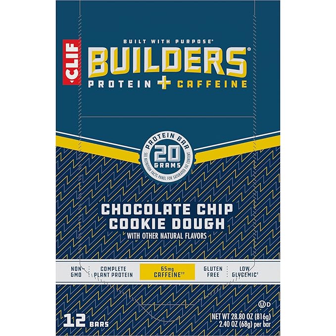 CLIF BUILDERS + Caffeine Protein Bars - Chocolate Chip Cookie Dough Flavor - 20g Plant Based Protein - Gluten Free - Non-GMO - Low Glycemic - No Artificial Sweeteners - 2.4 oz. (12 Pack)