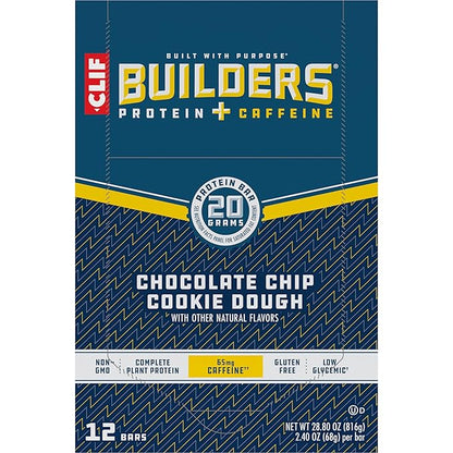 CLIF BUILDERS + Caffeine Protein Bars - Chocolate Chip Cookie Dough Flavor - 20g Plant Based Protein - Gluten Free - Non-GMO - Low Glycemic - No Artificial Sweeteners - 2.4 oz. (12 Pack)