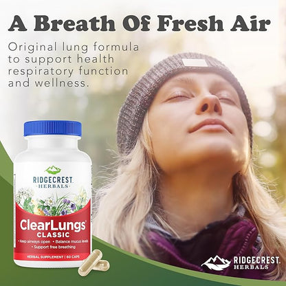 RidgeCrest Herbals ClearLungs Classic, Daily Health Supplement, Natural Lung and Nasal Wellness Formula for Bronchial, Respiratory, Immune, Sinus, and Mucus Support (60 Vegan Caps, 30 Serv)