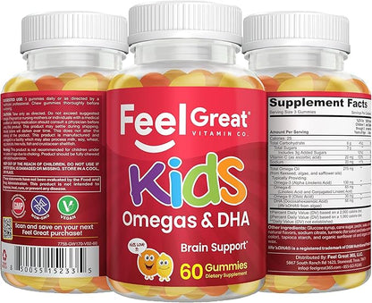 Feel Great Vitamins Kids DHA Gummies with Omega 3 6 9, Vitamin C | Supports Healthy Brain Function, Vision & Heart Health | Gluten Free, Vegetarian | 4 Pack