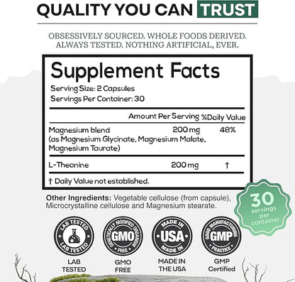 Wild Foods 3 in 1 Magnesium Glycinate L Theanine for Calm Sleep & Muscle Relaxation - Glycinate, Malate, Taurate - 100% Natural Magnesium Complex for Women and Men - 60 Capsules