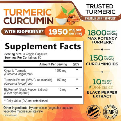 Turmeric Curcumin Supplement - 95% Curcuminoids with Organic Turmeric & BioPerine Black Pepper for Best Absorption - Daily Joint & Immune Health Support, Vegan, Non-GMO, Bottled in USA - 240 Capsules