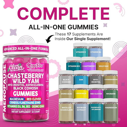 Clean Nutra Menopause Supplements for Women Chastberry Wild Yam Gummies Inositol Black Cohosh Magnesium Red Clover DIM Supplement B6 Magnesium Glycinate Glycine Vitex Hormone Balance Gummy Vitamins