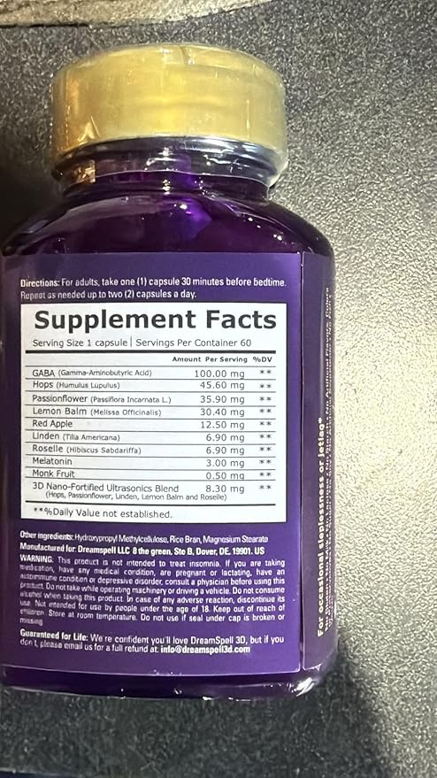 Dream Spell 3D Natural-Based Sleep Aid - Soothes an Alert Mind, No Next-Day Grogginess- Drug-Free Innovative Formula with 3Mg Melatonin, GABA, Hops - Restful Nights, Refreshed Mornings - 60 Capsules