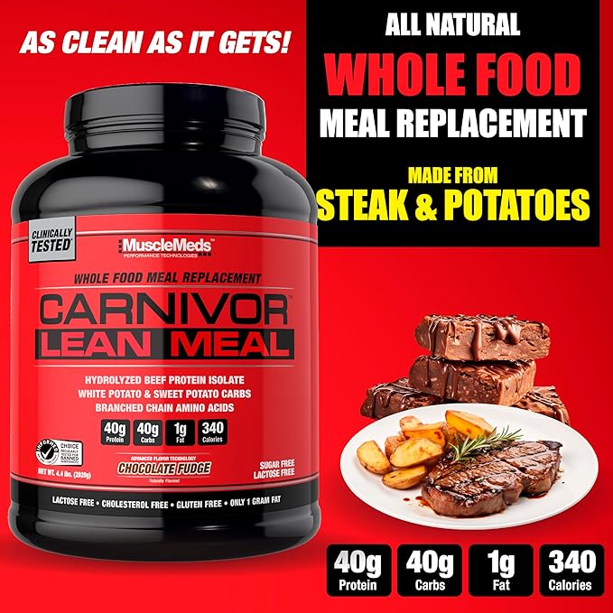 MuscleMeds CARNIVOR Lean Meal Whole Food Meal Replacement Shake, MRE, Beef Protein Isolate, White Potato, Sweet Potato, 40g Protein, 40 g Carbs, Lactose Free, Sugar Free, Chocolate Fudge 20 Servings