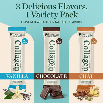 Great Lakes Wellness Collagen Peptides Powder for Skin, Hair, Nails, Joints & Digestion - Variety Flavors - Quick Dissolve Hydrolyzed, Non-GMO, Kosher - 6 Sticks - Packaging May Vary