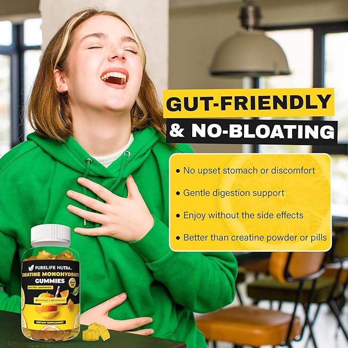 Creatine Monohydrate Gummies - 3g serving, Sugar free, 90 Count, Electric Lemonade flavored Creatine Gummies for Men & Women, Gluten Free, Non Bloating - Vegan, Halal, Kosher. (90 Units, Lemonade)