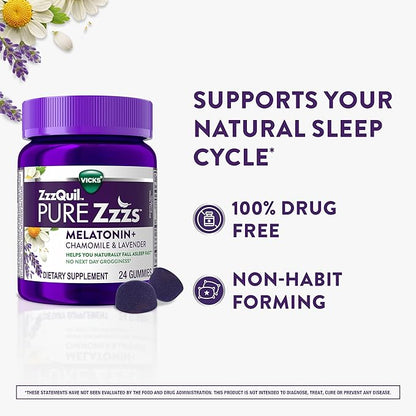ZzzQuil Pure Zzzs Melatonin Gummies, Sleep Aid, Melatonin 2mg, with Chamomile & Lavender, Melatonin Sleep Gummies, Sleep Aids for Adults, Wildberry Vanilla Flavored, 24 Sleep Gummies