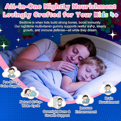 Kids 4+ Nighttime Multivitamin, Melatonin Free Sleep Aid Gummies w/Magnesium Glycinate, Saffron, L-Theanine, Calcium, Inositol, D3+K2, Zinc Supports Calm Mood, Brain, Bone & Immune, Sugar Free, 2 Pack