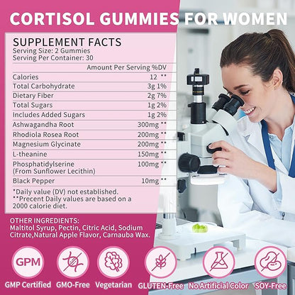 Wanish Cortisol Gummies for Women,Cortisol Supplements for Women-Relaxation and Mood,Cortisol Reducer with Ashwagandha, Rhodiola Rosea, etc. Cortisol Manager Gummies,Vegan,Apple Flavor,60 Count