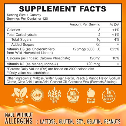 OH MY CHEWY Center-Filled Vitamin D3 K2 & Calcium Gummies - Supplement for Healthy Teeth, Bone & Energy - 5000 IU D3, 120 mcg K2(MK-7), 120 mg CA - Vegan & Non-GMO - 120 Count