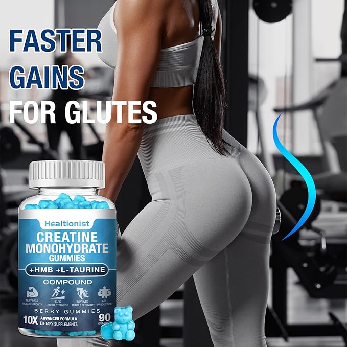 2 Pack 8000MG Creatine HMB Monohydrate Gummies for Men & Women,L-Carnitine, L-Taurine & Vitamin B6 12, 180 Blueberry Flavor Counts Supplement Gummies (60-Day Supply)