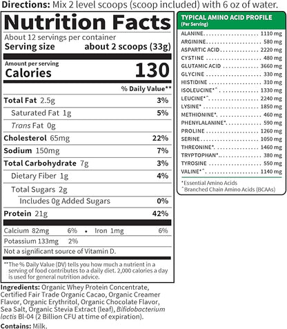 Garden of Life Organic Whey Protein Chocolate Grass Fed Protein Powder – 21g Muscle-Building Powder with Probiotics & BCAAs, Post-Workout Recovery, Hormone-Free, Non-GMO, Gluten-Free, 12 Servings