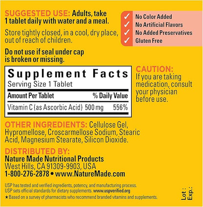 Nature Made Vitamin C 500 mg Tablets, Dietary Supplement, Vitamin C for Immune Support, 100 Tablets, 100 Day Supply