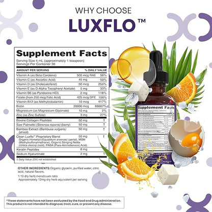 Liquid Biotin & Collagen Keratin Hyaluronic Acid Saw Palmetto Drops Vitamins for Hair Growth Support Silica Vitamin A C D Bamboo Turmeric Zinc Folate Magnesium Horsetail LuxFlo By Clean Nutra
