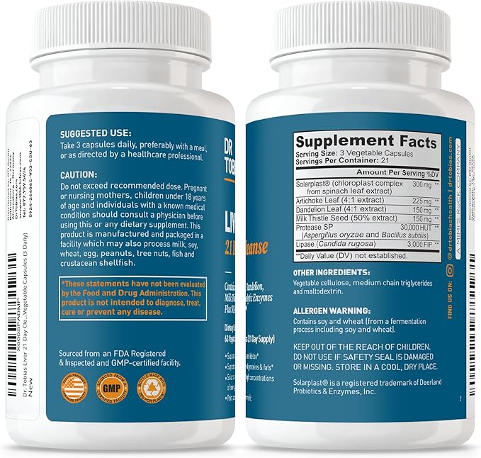 Dr. Tobias Liver 21 Day Cleanse - Herbal Liver Detox Cleanse with Milk Thistle Dandelion Root & Artichoke Extract | Supports Liver Health & Digestion (63 Vegetarian Capsules (Pack of 1))