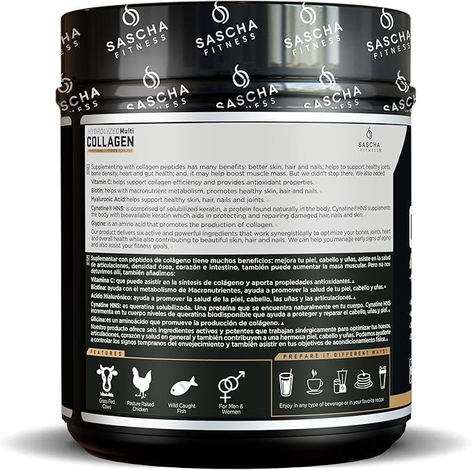 SASCHA FITNESS Hydrolyzed Multi Collagen Peptides Tipes 1,2 & 3 |Hyaluronic Acid|Biotin |Cynatine HSN|Vitamin C & E |for Hairs, Skin & Bone Support|Caramel Macchiato