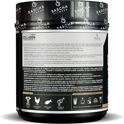 SASCHA FITNESS Hydrolyzed Multi Collagen Peptides Tipes 1,2 & 3 |Hyaluronic Acid|Biotin |Cynatine HSN|Vitamin C & E |for Hairs, Skin & Bone Support|Caramel Macchiato