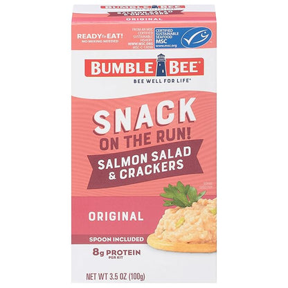 Bumble Bee Snack On The Run! Protein Snack Pack - 8g Protein per Box - Salmon Salad with Crackers Kit - Ready to Eat Easy-Open Can - Wild Caught MSC-Certified Seafood (Pack of 1)