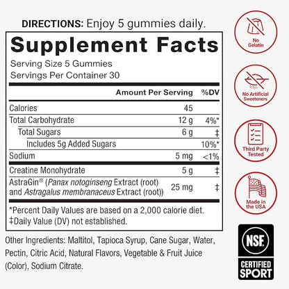 Force Factor Creatine Monohydrate Gummies, NSF Certified, 5g Dose for Men & Women to Support Muscle, Strength, Recovery, Cognitive Health & Memory, Assorted Fruit Flavors, 150 Gummies