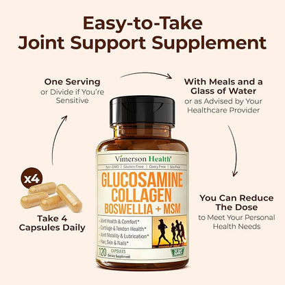 Glucosamine Chondroitin MSM with Hydrolyzed Collagen Peptides - Joint Support Supplement with Quercetin, Bromelain & Boswellia Extract - Collagen pills for Hair Skin Nails - FSA Eligible 2 Pack