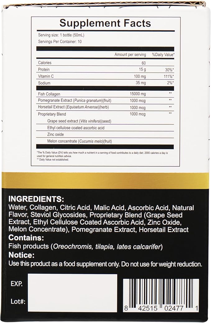 Diamond Liquid Collagen Drink for Women & Men, 15000 mg Hydrolyzed Marine Collagen Peptides with Vitamin C, Pomegranate, Hair Skin Nails Joints Bones Support, 50 ml x 30 Bottles