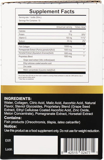 Diamond Liquid Collagen Drink for Women & Men, 15000 mg Hydrolyzed Marine Collagen Peptides with Vitamin C, Pomegranate, Hair Skin Nails Joints Bones Support, 50 ml x 30 Bottles