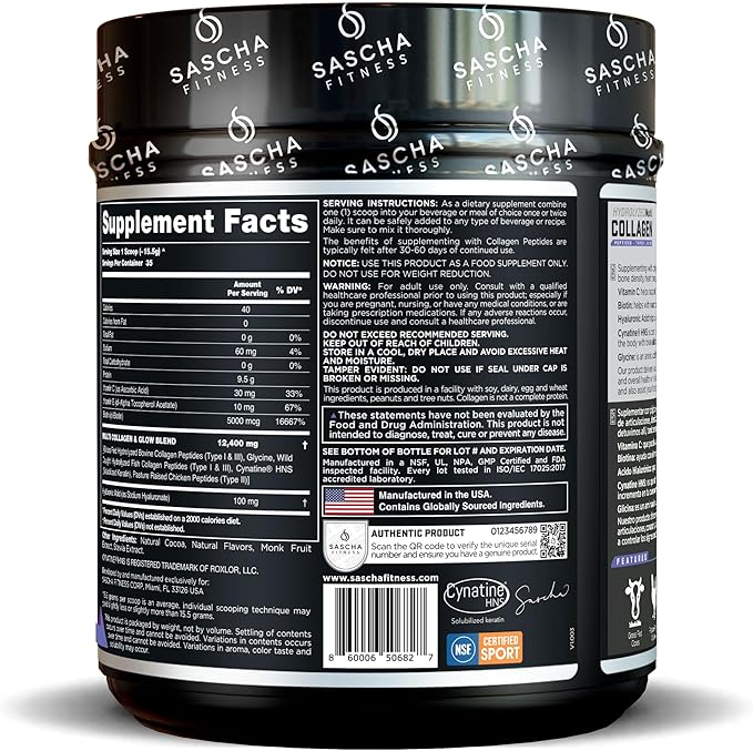 SASCHA FITNESS Hydrolyzed Multi Collagen Peptides Tipes 1,2 & 3 |Hyaluronic Acid|Biotin Cynatine HSN|Vitamin C & E |for Hairs, Skin & Bone Support|Chocolate Flavor