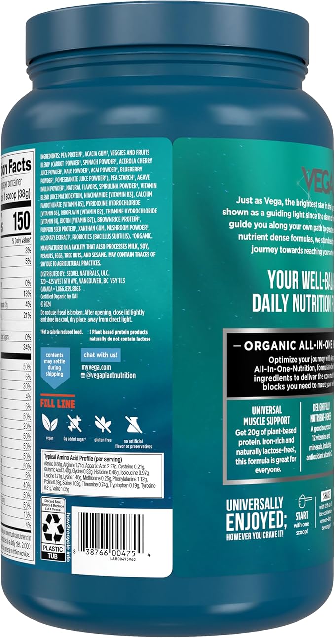 Vega All in One Nutrition Organic - 20g Plant-Based Pea Protein, Unsweetened, 20 Servings, Vitamins A & C, Probiotics, Greens, Vegan, Keto, Gluten Free, 26.9oz (Packaging May Vary)