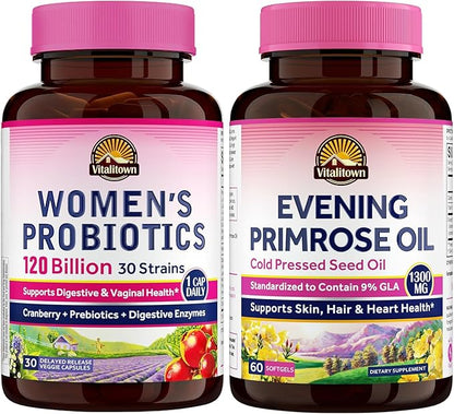 Vitalitown Women's Inner & Outer Beauty Bundle: 120 Billion CFU Probiotics (30 Strains) + Evening Primrose Oil 1300mg, Complete Gut, Vaginal & Skin Health